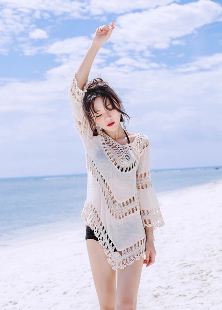 Áo khoác trắng thiết kế cách điệu mặc bên ngoài bikini đi biển - Kimstore_bikini