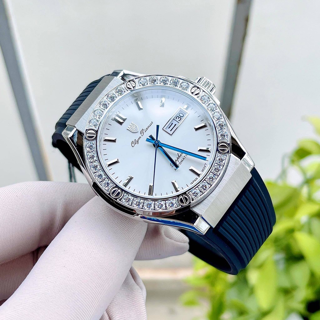 Đồng hồ nam Olym Pianus OP990-45 chính hãng- mặt trắng, kim xanh; Phiên bản kiểu dáng Hublot; New 100, Full box