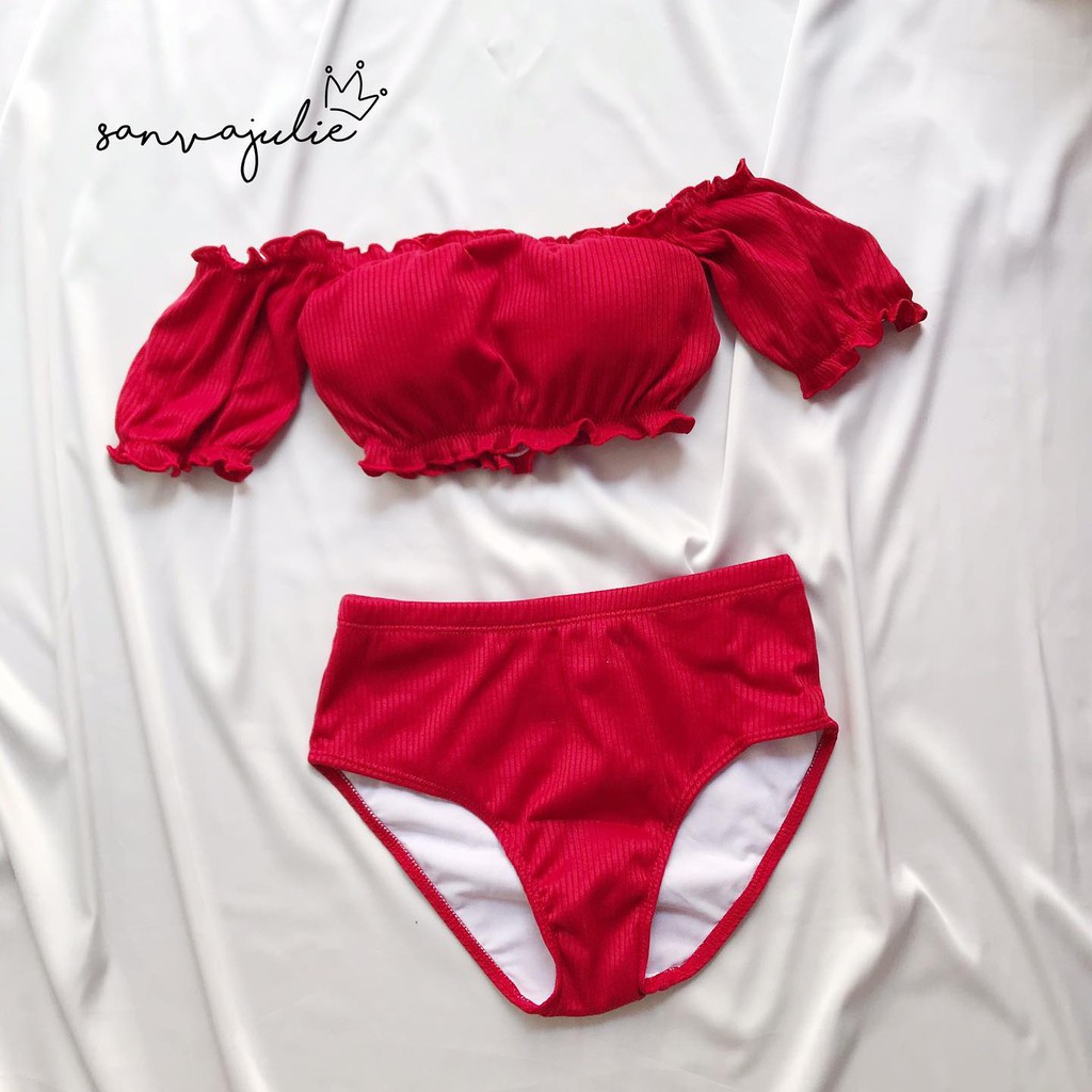 BIKINI Bộ đồ bơi nữ đi biển 2 mảnh áo tay trễ vai có sẵn mút - quần cạp cao BNK1-02
