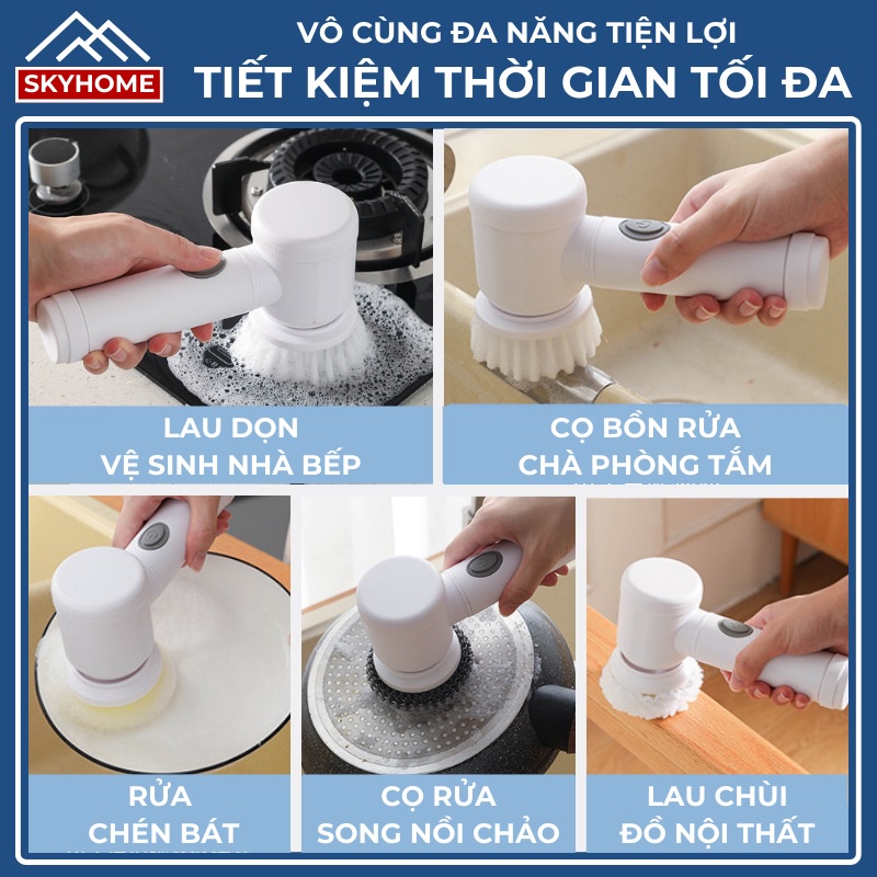 Máy cọ rửa cầm tay đa năng, máy rửa bát chén, chổi cọ nhà vệ sinh bằng điện, cây chổi chà sàn nhà tắm thông minh SKYHOME
