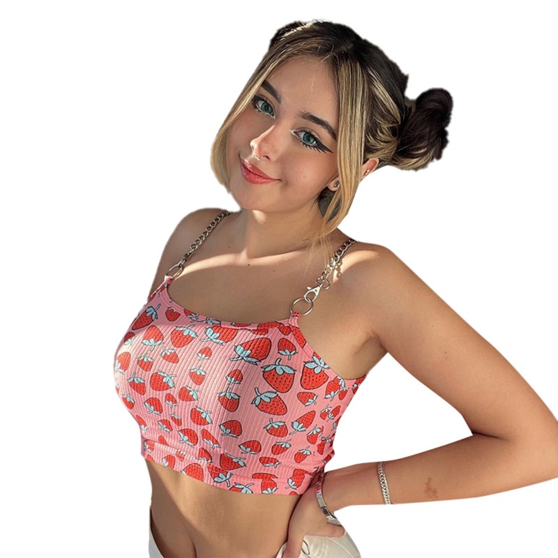 Brroa Áo Croptop Hai Dây Mỏng In Họa Tiết Dâu Tây Dây Xích Kim Loại Dễ Thương Cho Nữ