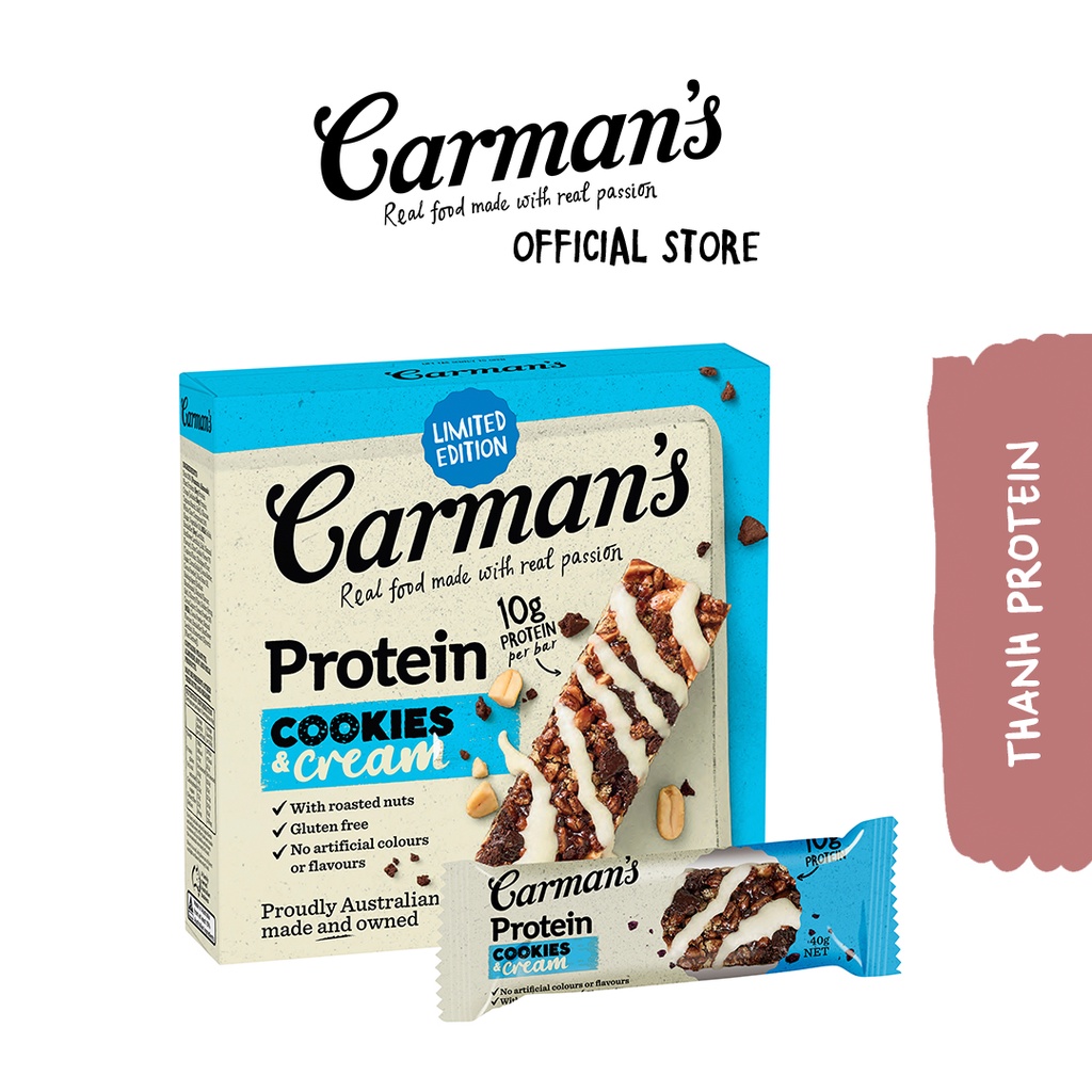 Thanh Protein Carman's Vị Bánh Quy & Kem - Gourmet Protein Bars Cookies & Cream Hộp 5×40g