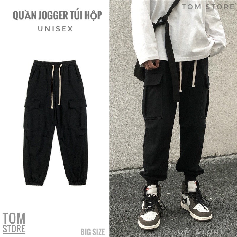 Quần Jogger Túi Hộp Ống Rộng Bo Chun Thun Đen  nam nữ thể thao mix đồ siêu đẹp Big Size