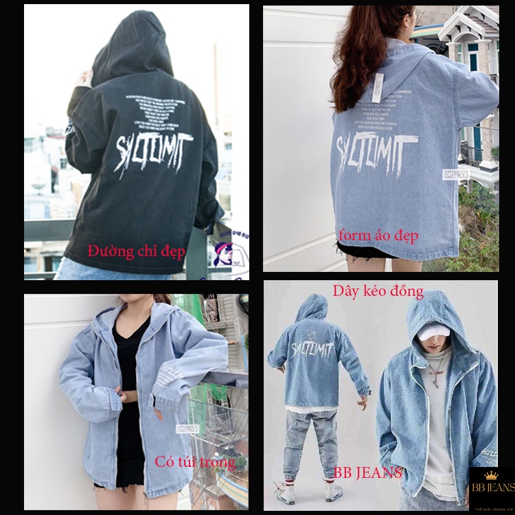 Áo khoác jean nữ unisex mũ jean dây kéo đồng chống rỉ cao cấp form rộng có túi trong đẹp đủ màu BB Jeans