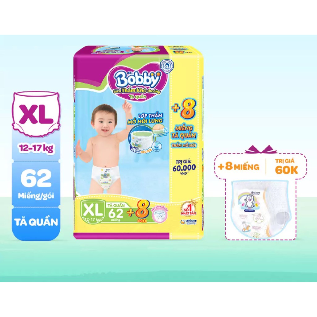 Tã Quần Bobby Siêu Thoáng M60,L52,XL48,XXL44, M76/L68/XL62/XXL56 mẫu mới tặng 8 miếng