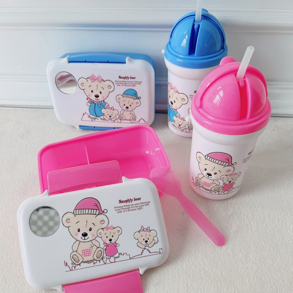 Set Hộp đựng cơm kèm bình nước hình gấu Nauhty Bear 2022 cho bé đi học cho bé trai, bé gái siêu xinh Mozio store