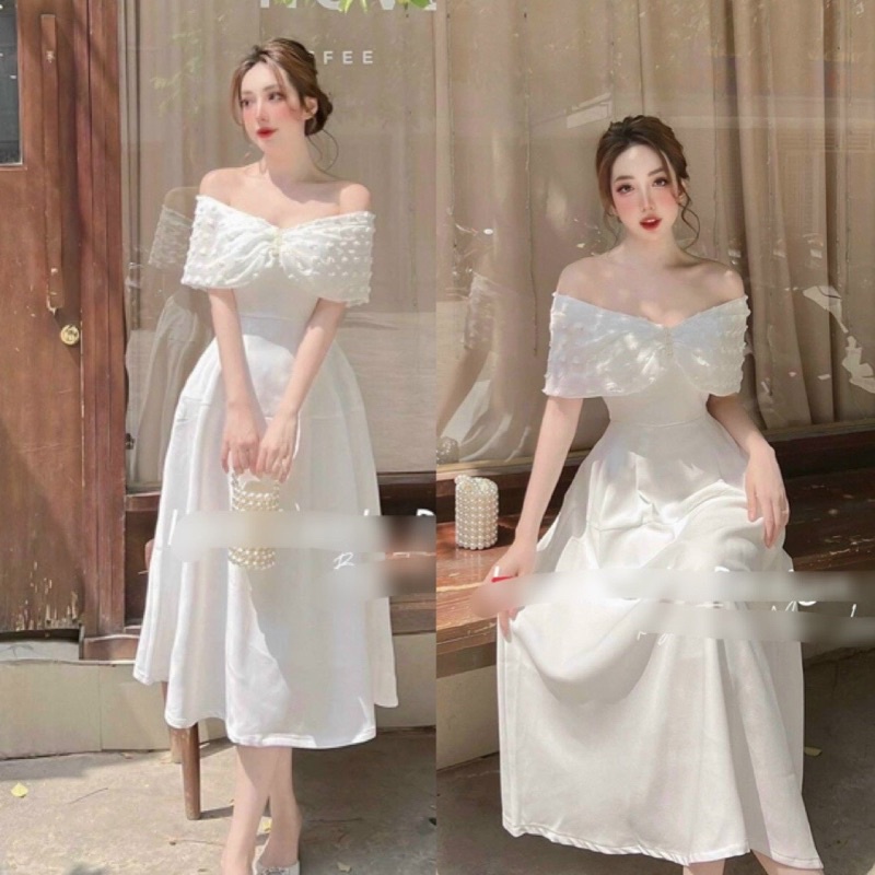 Đầm midi trắng trễ vai xốp đính hạt đi tiệc