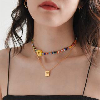 Vòng cổ ngắn xỏ mặt cười và hạt nhiều màu dễ thương phong cách bohemia cho nữ