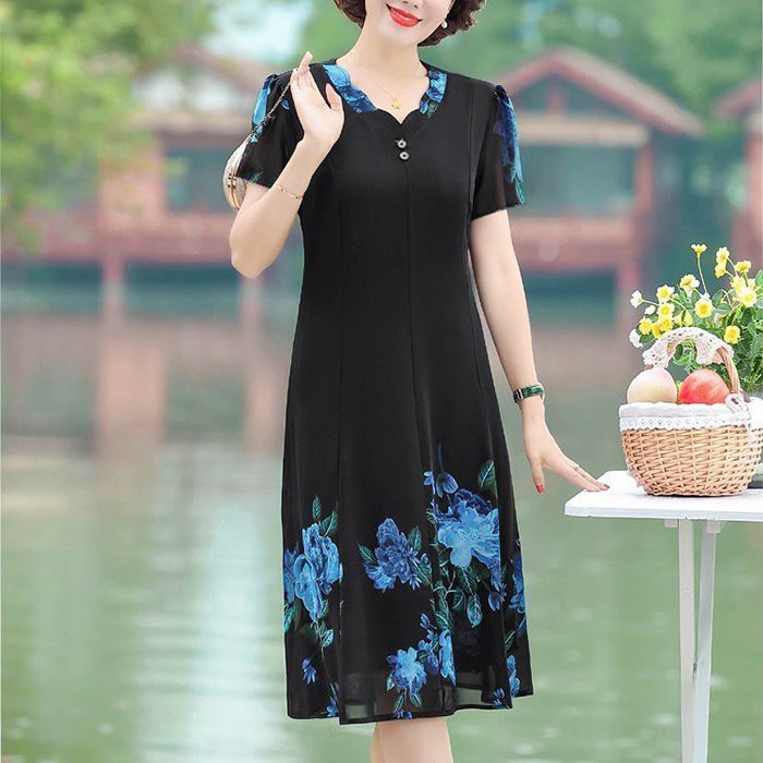 GOTI - Đầm Trung Niên Cao Cấp Dáng Xòe Voan 2 Lớp Cao Cấp Cho Mẹ U50 3323