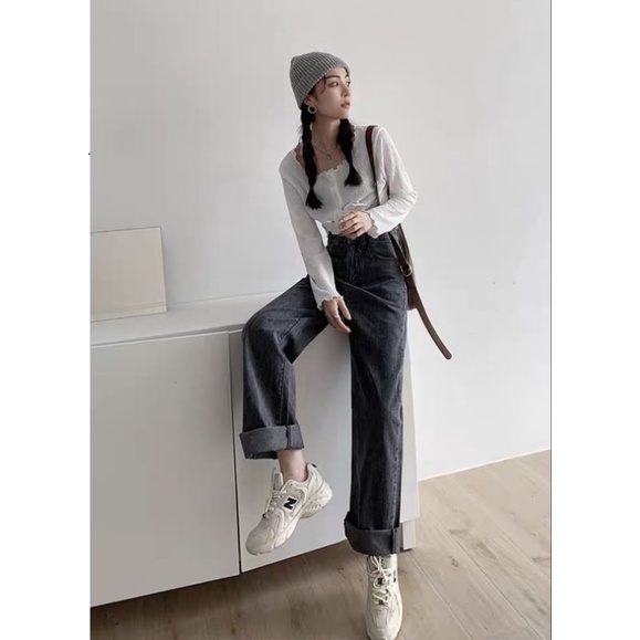 Quần jeans suông ống rộng đen nữ