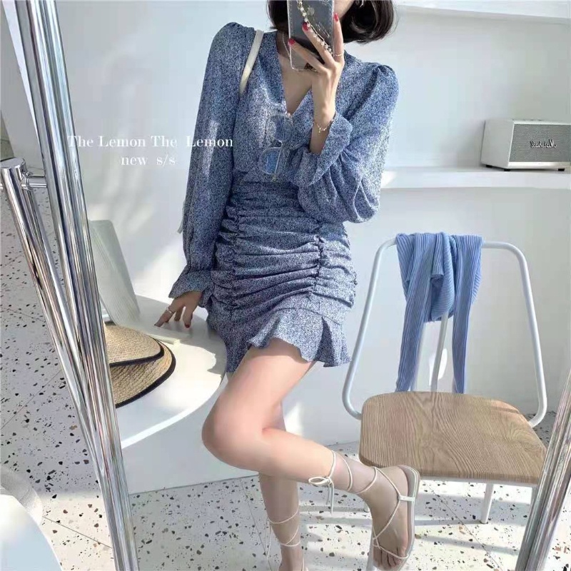 Đầm PERTY cổ chữ V họa tiết hoa phong cách Hàn Quốc thời trang mùa hè xinh xắn dành cho nữ