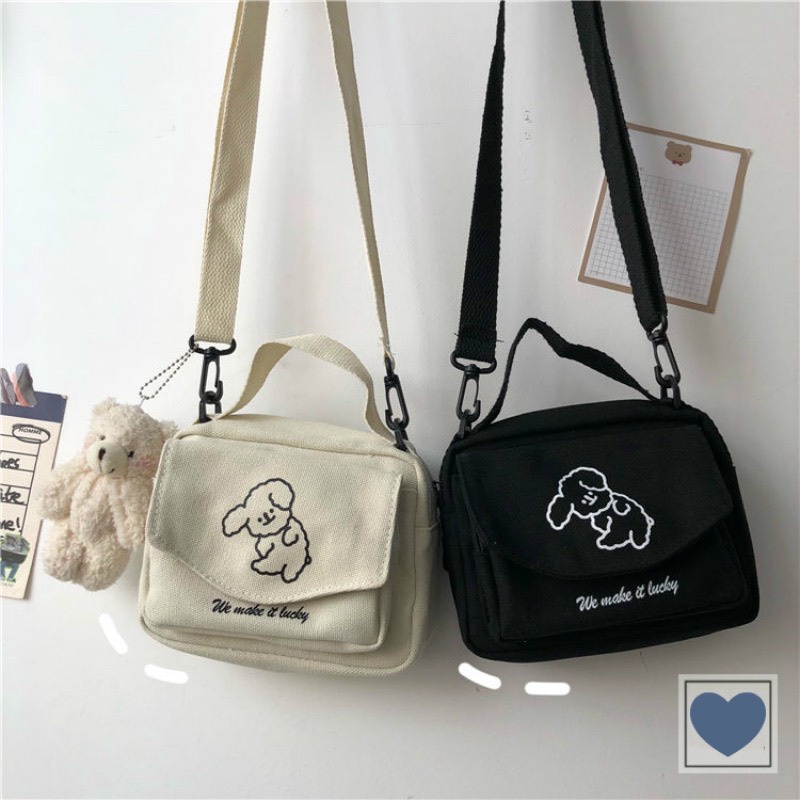 Túi canvas đeo chéo vai mini nữ khóa kéo in hình Mèo Cún đáng yêu đen trắng Sollle