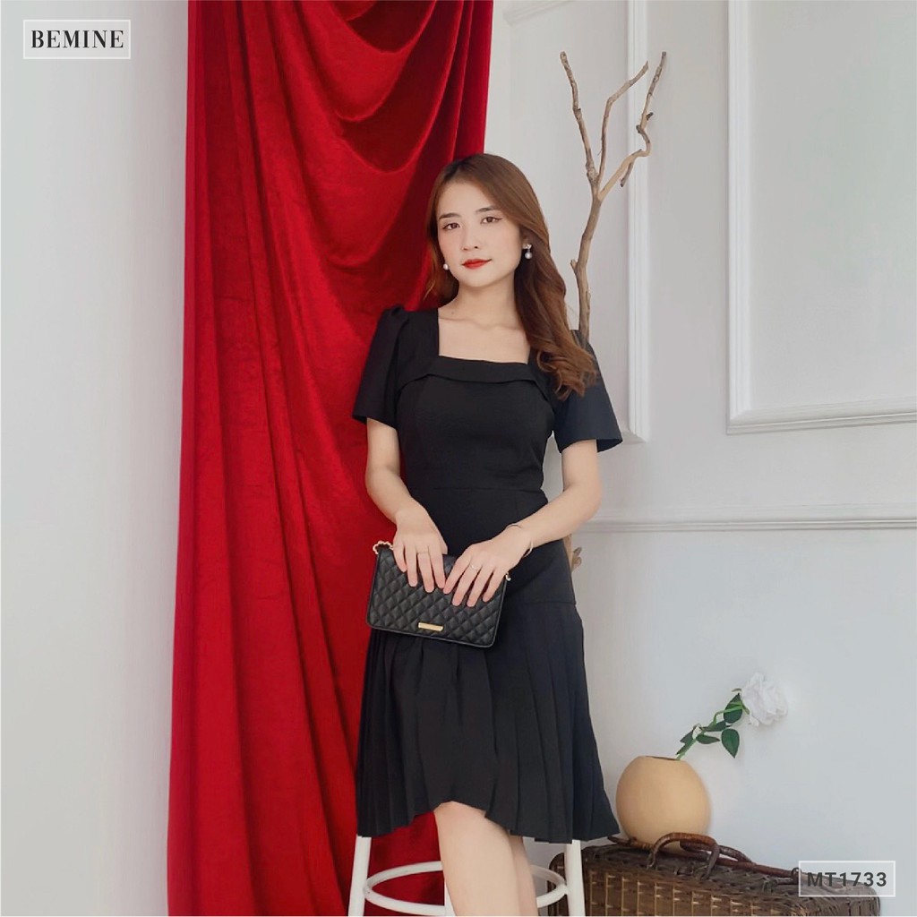 Đầm dáng xòe nữ thiết kế cổ vuông tà xếp ly BEMINE MT1733DEN | BigBuy360 - bigbuy360.vn