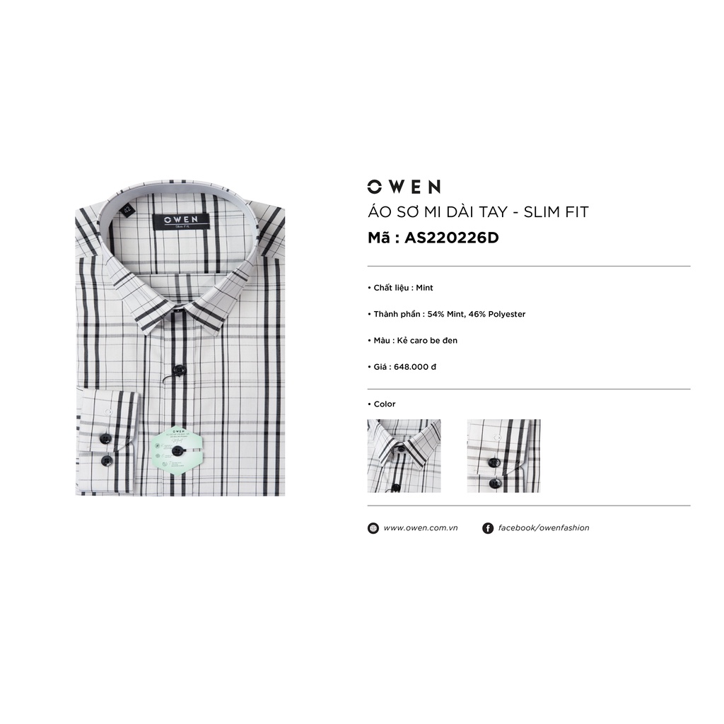 Áo Sơ Mi Nam Dài Tay OWEN AS220226D Somi Công Sở Chất Vải Bạc Hà Cao Cấp Màu Xám Kẻ Be Đen Dáng Ôm Tà Lượn Không Túi