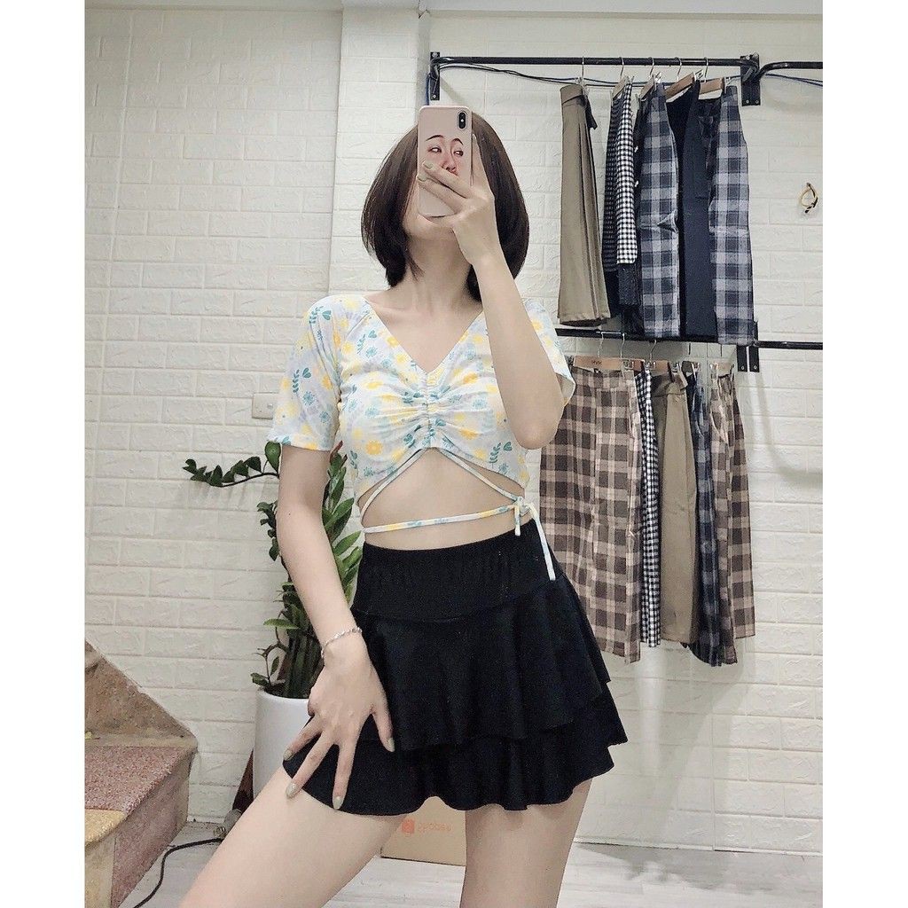 Bikini hoa có tay dáng váy xòe hoa lá siêu đẹp mặc đi biển đi bơiMới nhất 2021