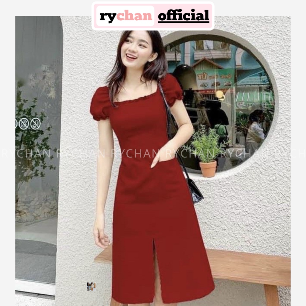 Đầm Xòe Cổ Vuông Viền Bèo Chiết Eo Xẻ Trước 3 Màu Trắng Nude Đỏ [Ảnh Thật Cuối] - DX0099