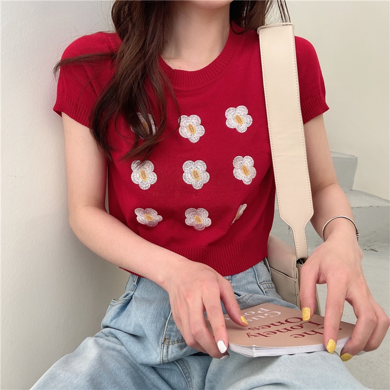 Áo thun NZN tay ngắn cổ tròn thêu hoa dành cho nữ