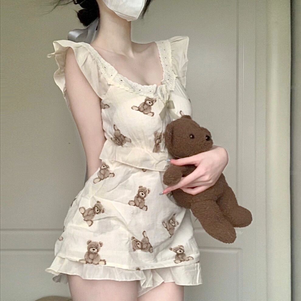 Bộ Đồ Ngủ Hai Dây Mềm Mại In Họa Tiết Gấu Nhật Bản Dễ Thương Thời Trang Mùa Hè Cho Nữ