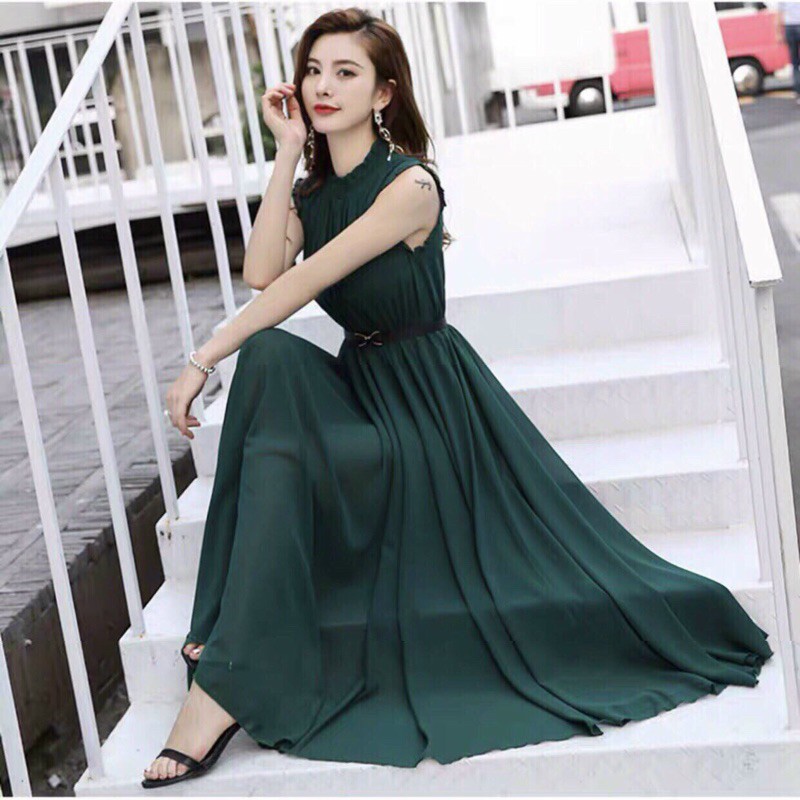 [Ảnh thật cuối] Đầm maxi cổ trụ nhún chun eo kèm nịt M/L/XL vaydamshop | BigBuy360 - bigbuy360.vn