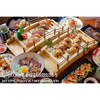 Khay Cầu Gỗ Trang Trí Sushi - Sashimi Nhật Bản trang trí món ăn cho nhà hàng - Size 45cm - 2 tầng - hàng xuất khẩu