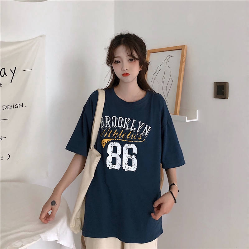 Women Summer Round Collar Big Code Korean Version Printed Loose Short Sleeve T-shirt Simple