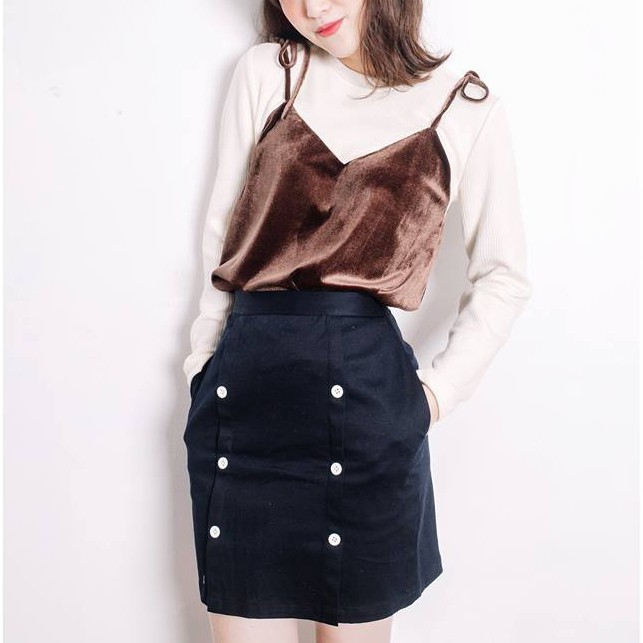 Áo tay dài phối 2 dây màu nâu đồng -  Patti top