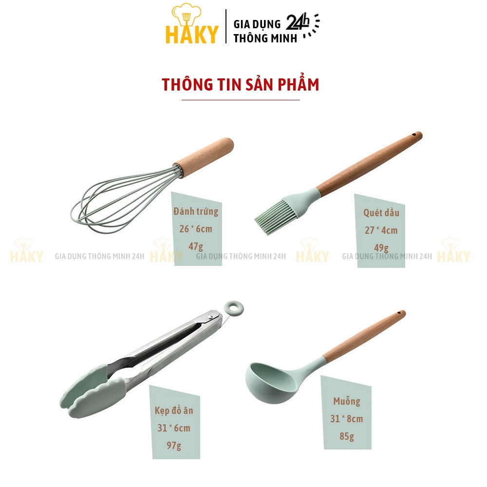 Bộ dụng cụ nấu ăn, làm bánh 11 món silicon y tế an toàn HAKY001, chịu nhiệt tốt, độ bền cao, chuôi gỗ chắc chắn