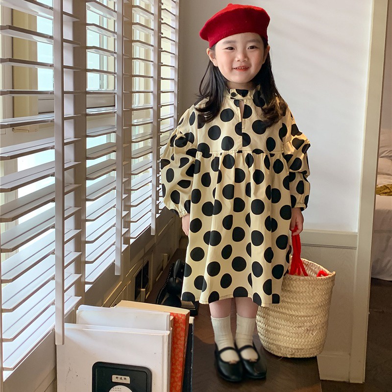 Se7en Đầm Công Chúa Mùa Hè Tay Dài Cổ Tròn In Chấm Bi Phong Cách Hàn Quốc Cho Bé Gái