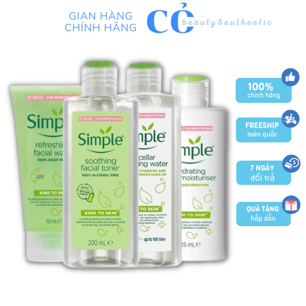 Combo trọn bộ dưỡng da Simple chính hãng gồm tẩy trang sữa rửa mặt toner sữa dưỡng