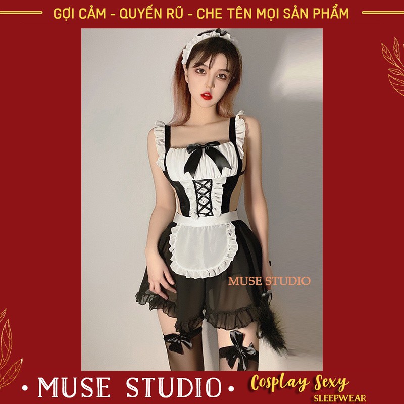 Đồ Ngủ Cosplay ✨𝑯𝑨̀𝑵𝑮 𝑪𝑨𝑶 𝑪𝑨̂́𝑷✨ Váy Ngủ Cosplay Hầu Gái Anime Sexy, Cosplay Giúp Việc Hàng Cao Cấp, Set 4 Món