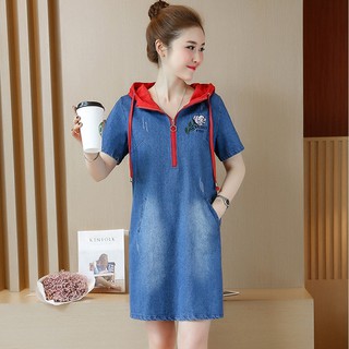 Đầm jean suông phối nón liền thêu hoa - GT1032