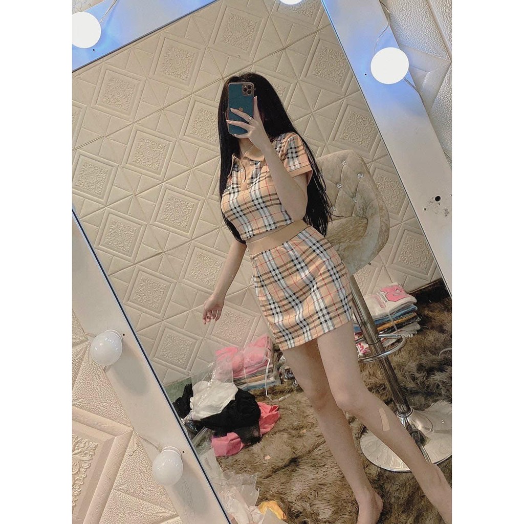 Sét bộ áo croptop cổ bẻ phối chân váy ngắn in chữ cực xinh , chất thun bozip mềm mịn ( ảnh thật )