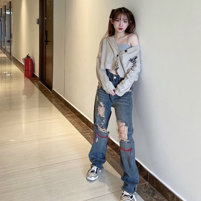 Quần Jean Hiphop Rách Gối Thêu Hoạ Tiết Ống Rộng Cá Tính Âu Mỹ 𝘽𝙮.𝘾𝙖𝙢𝙘𝙖𝙢