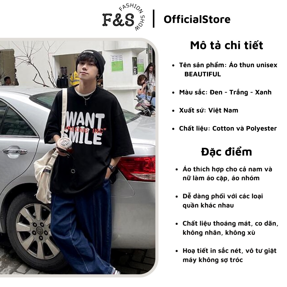 Áo thun tay lỡ unisex form rộng I WANT SMILE - Áo phông F&amp;S nam nữ, cặp đôi phong cách hàn quốc