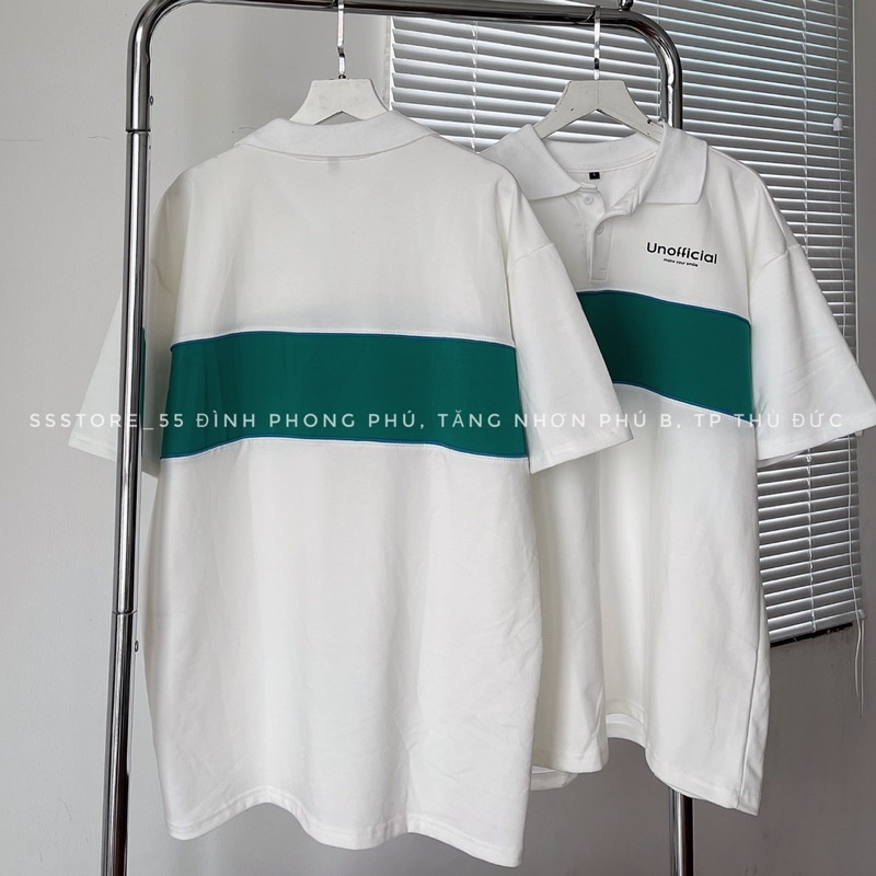 Áo thun POLO Unofficial màu trắng phối xanh form rộng unisex nam nữ