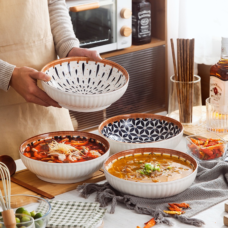 Bát Tô Sứ Phong Cách Nhật Bản, Chén Canh Gốm Sứ Tráng Men Cao Cấp, Họa Tiết Vân Cổ Viền Vàng Đặc Biệt