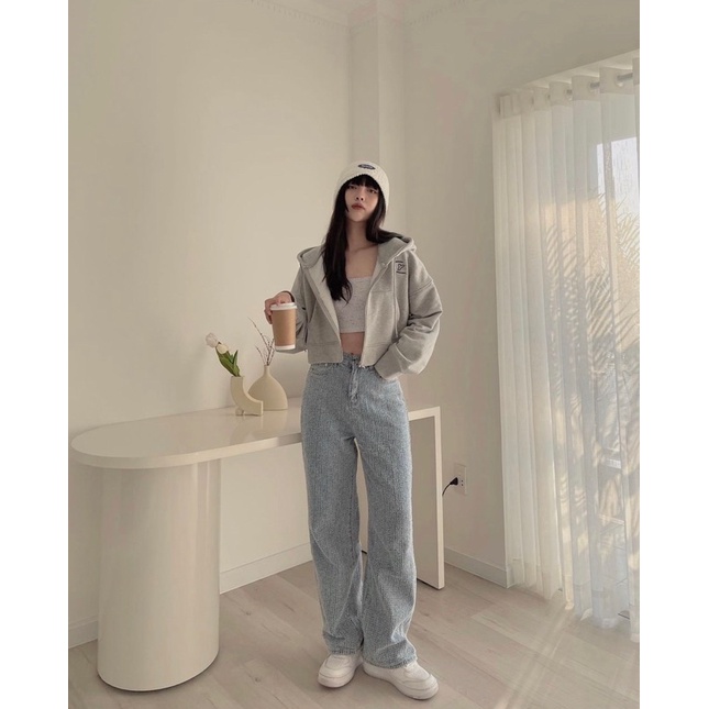 Áo khoác 🌸 Áo croptop kéo khoá zip hoodie mũ dày 2 lớp chât nỉ ngoại màu xám in hình YOUSY phong cách Hàn Quốc PHULA