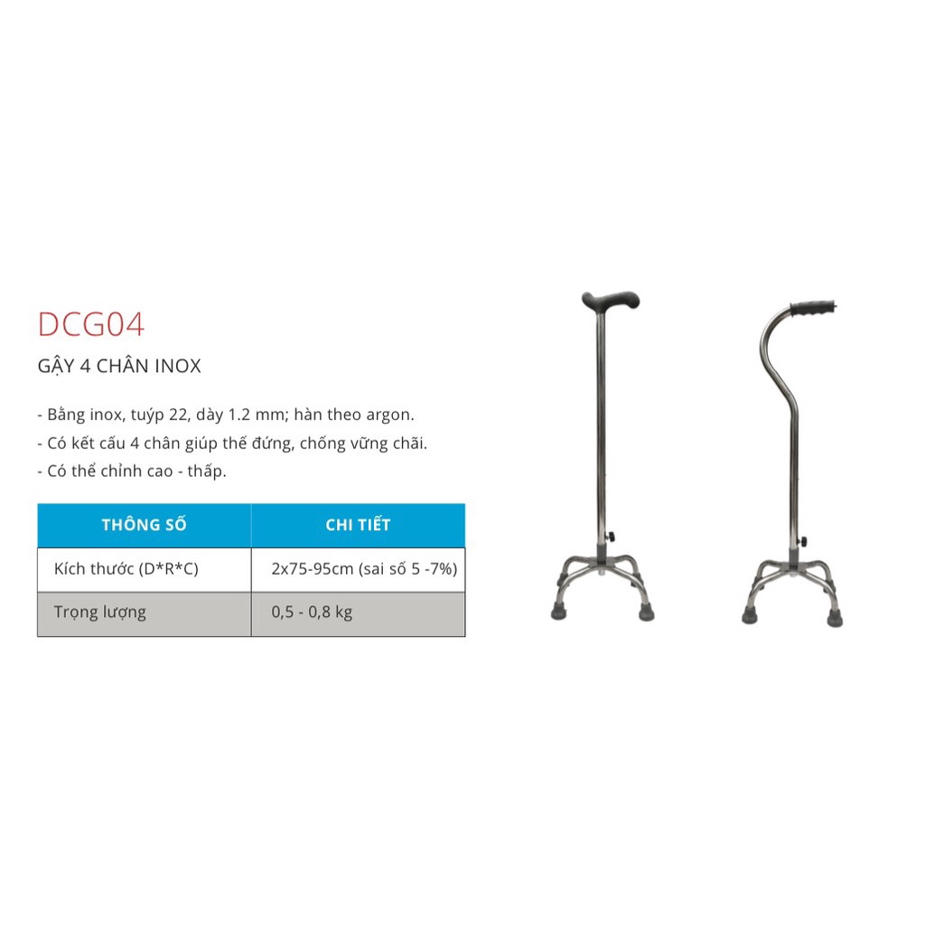 GẬY 4 CHÂN INOX HỖ TRỢ ĐI LẠI CHO NGƯỜI GIÀ, NKT