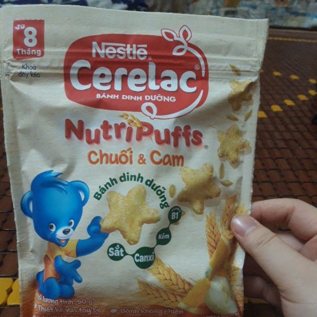 Bánh Ăn Dặm Nestlé CERELAC Nutripuffs Vị Chuối Dâu /Chuối Cam- Gói 50g