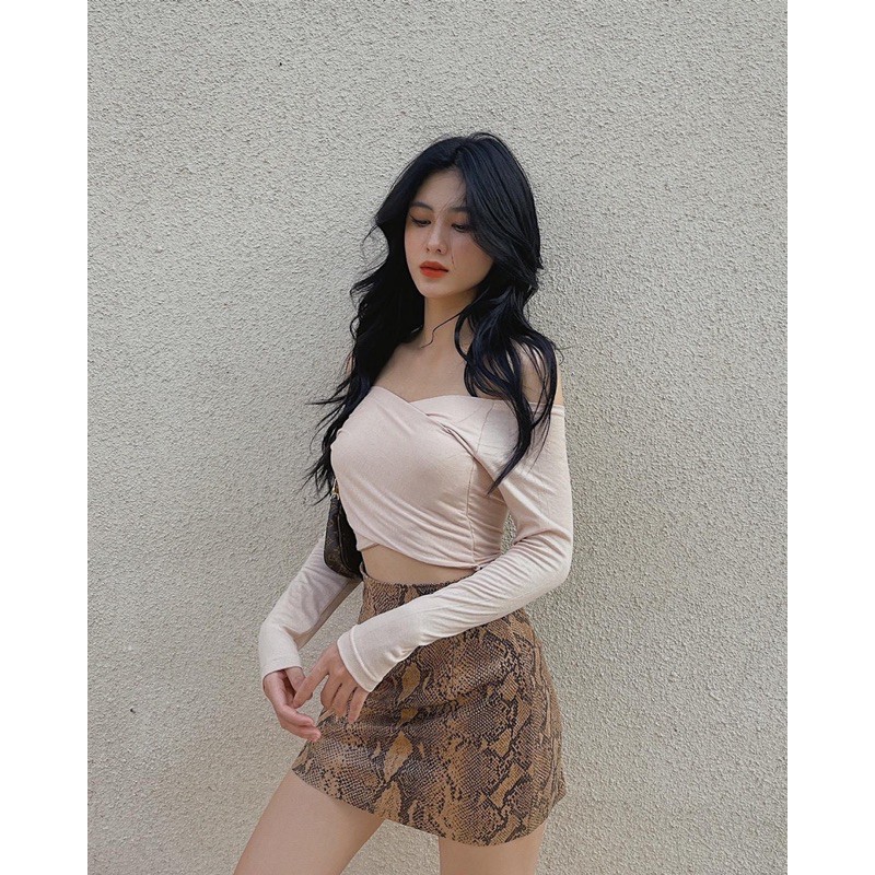 Áo croptop nữ tay dài HHVINTAGE kiểu chéo hai vạt thun co giãn TOP A55