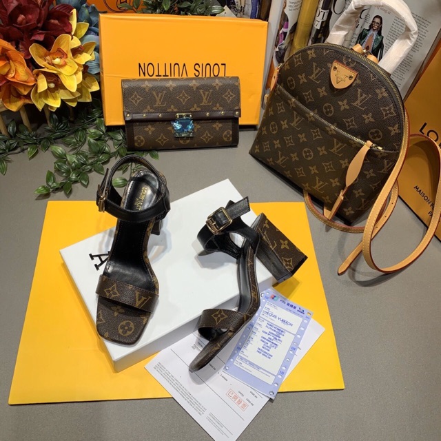 Sandal lv quai ngang đế trụ 7cm fullbox bill túi giấy