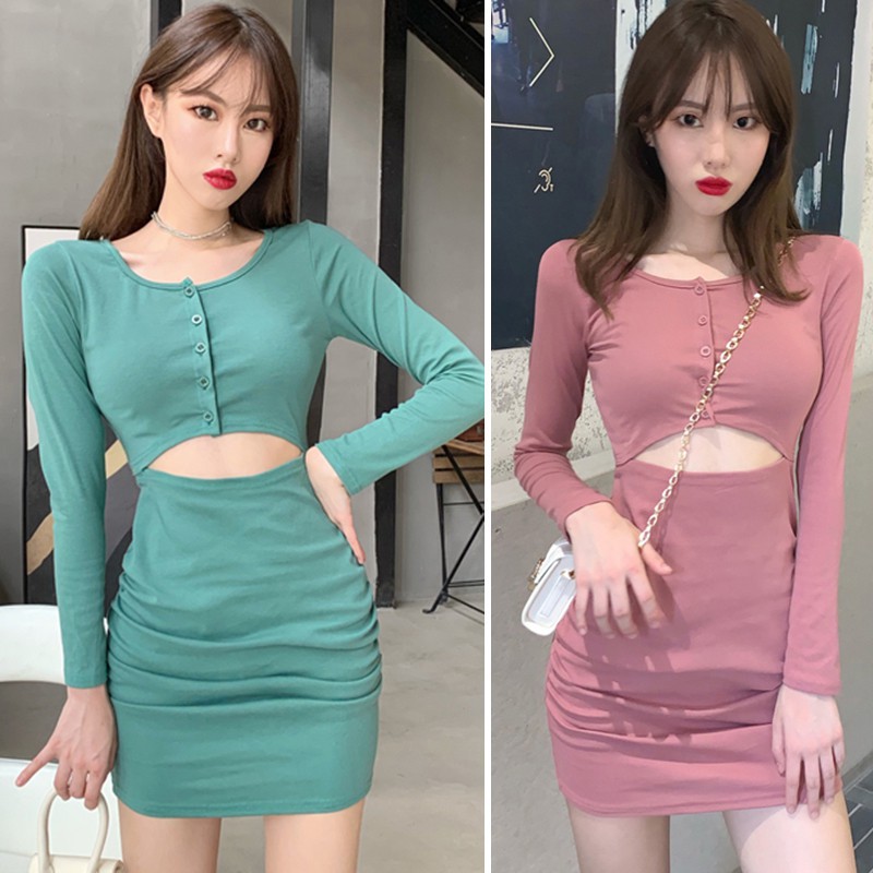 Đầm dài tay màu trơn eo cao thời trang Hàn Quốc gợi cảm thời trang cho nữ