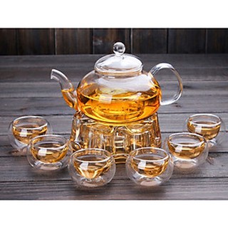 Bộ ấm trà và 4 ly thủy tinh chịu nhiệt cao kèm khay gỗ- Bộ ấm trà 4 ly thủy tinh cao cấp - GPH20/L6