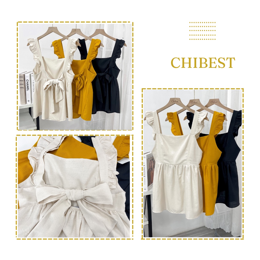Áo kiểu chất liệu linen 2 dây bèo buộc nơ lưng CHIBEST DAB77