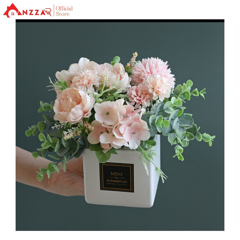 Chậu hoa cẩm tú cầu mix mẫu đơn điểm lá xanh nhân tạo 25cm để bàn, kệ tủ trang trí nội thất Anzzar LH-03