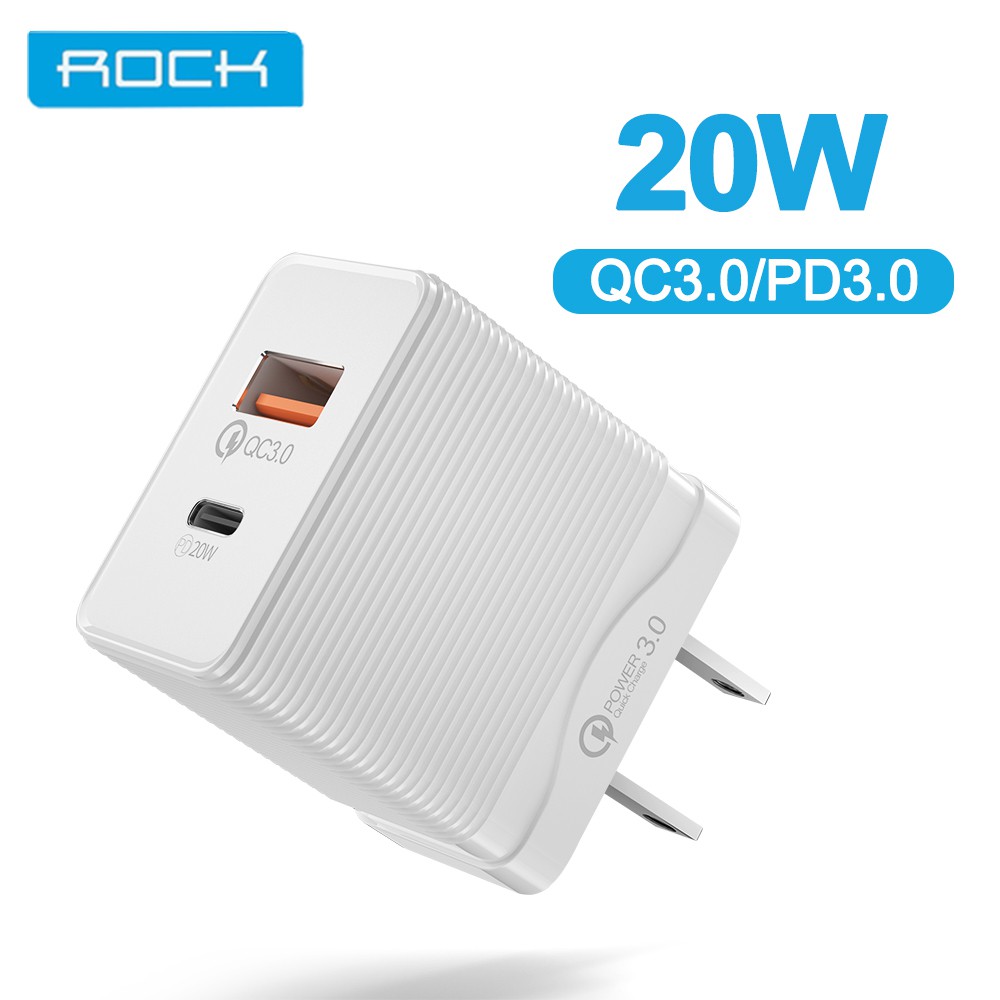 Bộ sạc nhanh Rock Wall Charger QC 3.0 4.0 20W phích cắm Châu Âu cho điện thoại Samsung Xiaomi