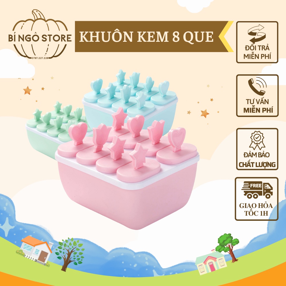 Khuôn làm kem, khay làm kem que 8 ngăn 8 que màu xanh màu hồng