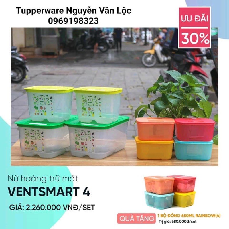 Bộ hộp Ventsmart 4 hộp TẶNG Bộ hộp đông Rainbow màu sắc 650ml Tupperware