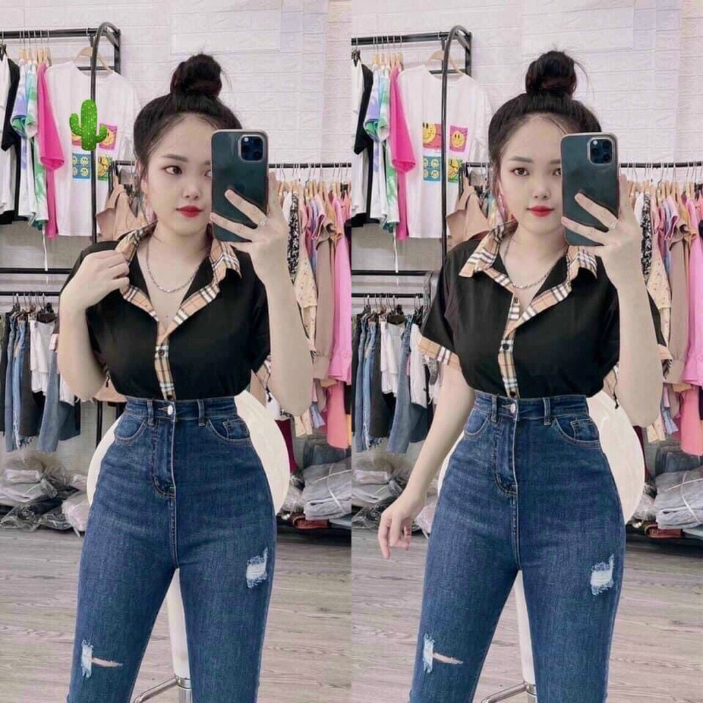 Áo Sơ Mi Trơn Ngắn Tay Phối Sọc Caro