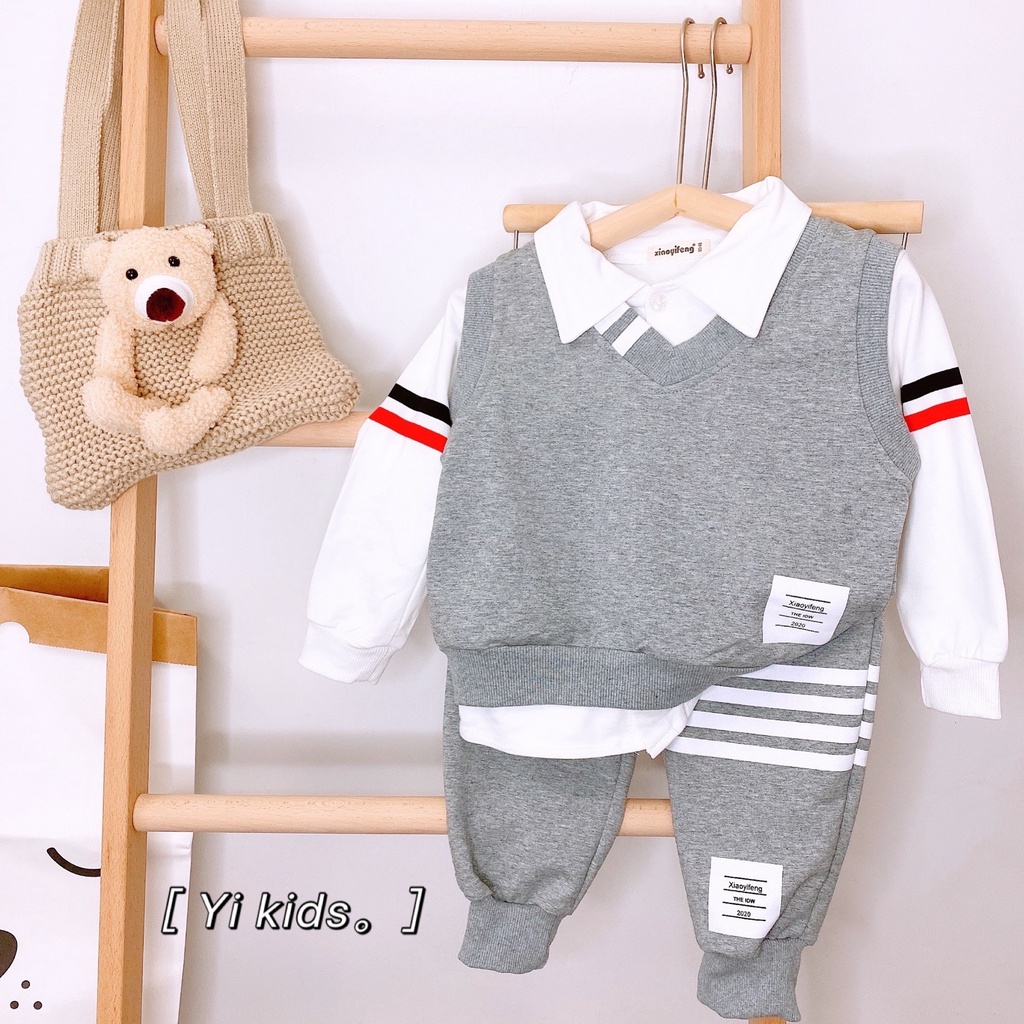 Đồ bộ bé trai, Set nỉ công tử 3 chi tiết áo gilê, áo thun polo dài tay, quần dài jogger bo gấu cho bé 8-20 kg, Duck Kids